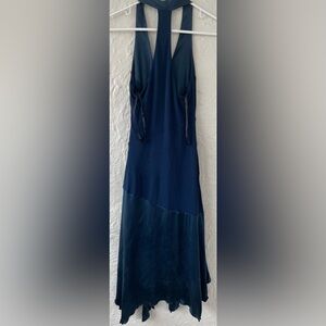 Vintage Bebe silk blend Y2K 90s asymmetrical navy blue halter dress, fairy; M